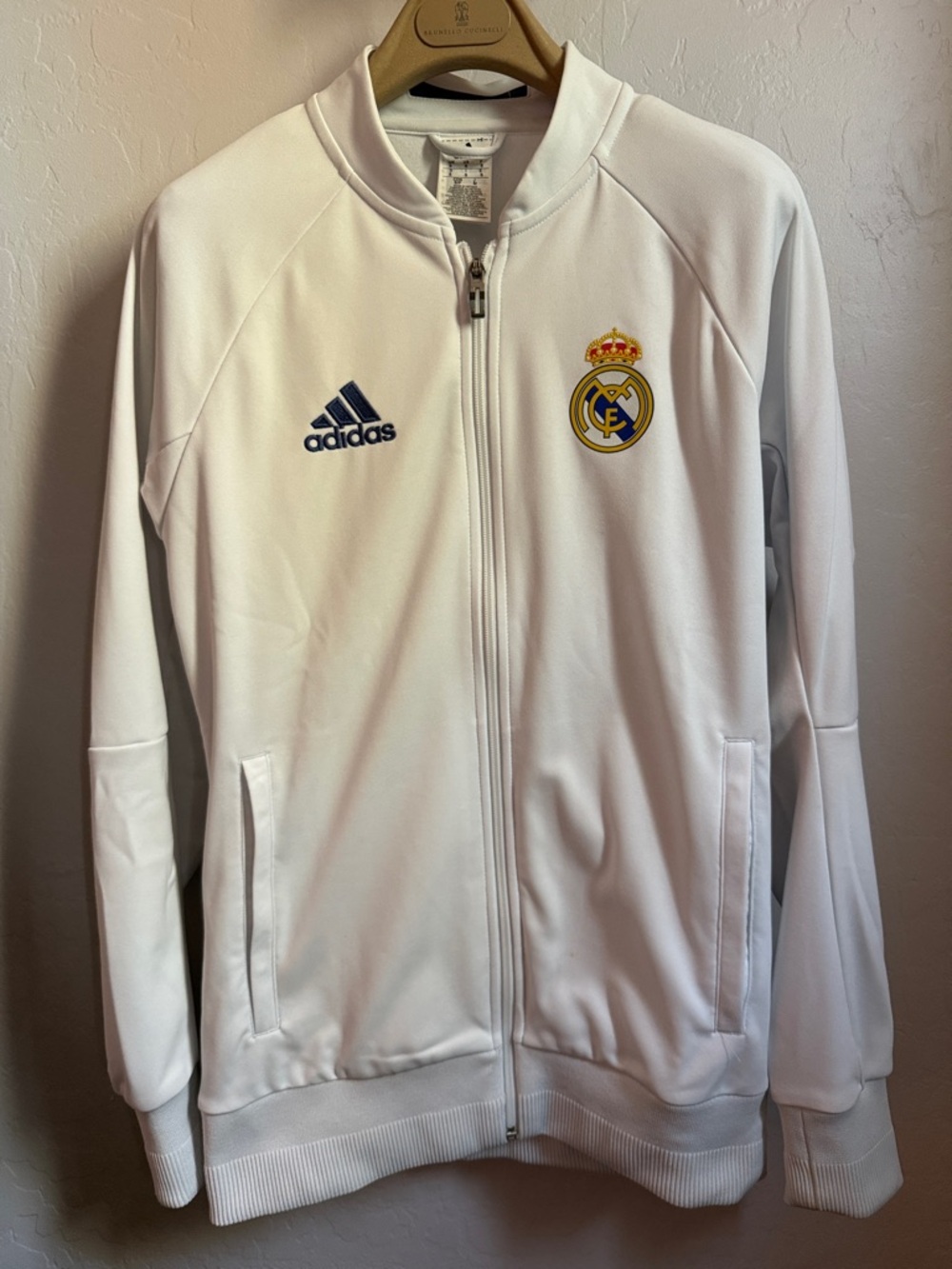 Adidas White Real Madrid Crest Zip-Up Jacket with Navy Logo